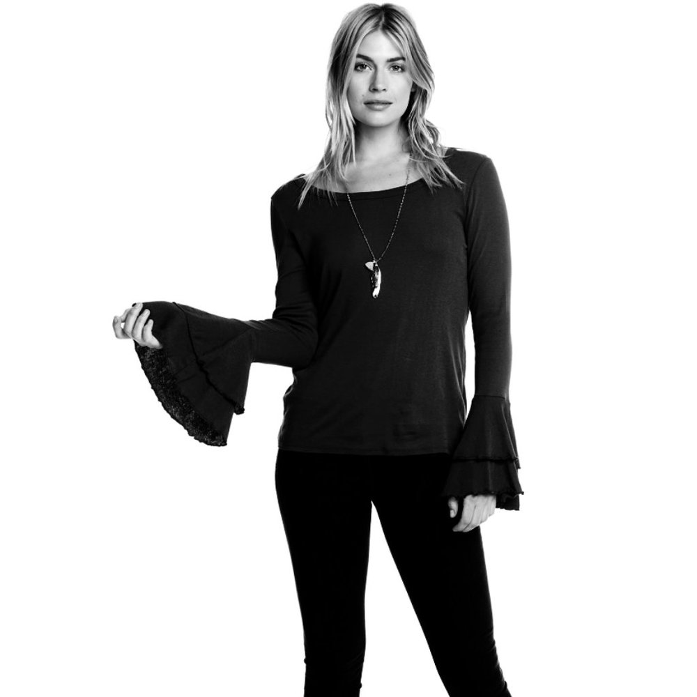 Chaser Baby Rib Double Ruffle Peplum Sleeve Blouse